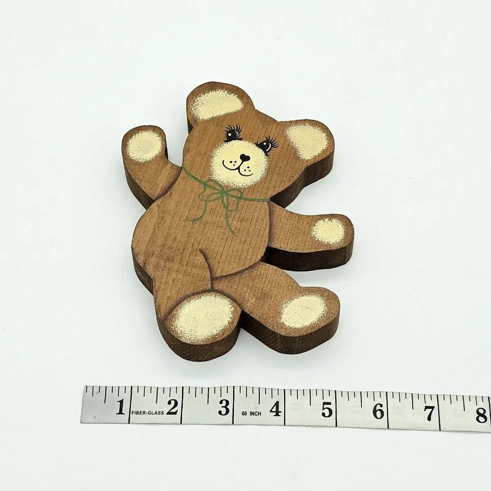 Vintage Handmade Wooden Country Teddy Bear Painted Shelf Sitters 80s Brown MCM